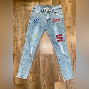 Light Blue Live Your Life Skinny Jeans with Embroidery